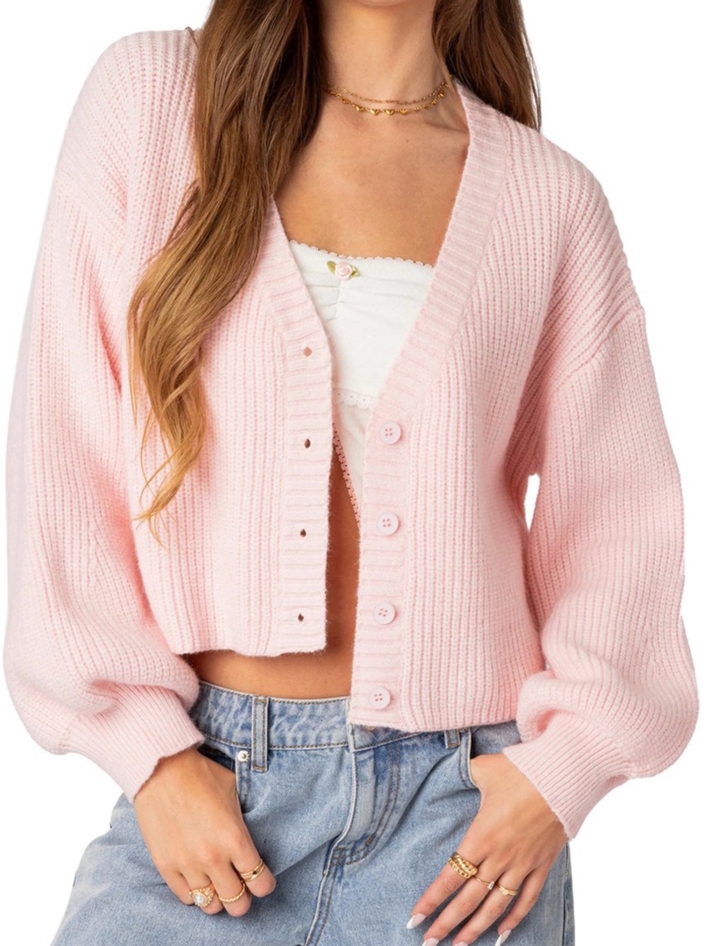 Edikted Sabrina Chunky Knit Cropped Cardigan Light Pink XS NWT